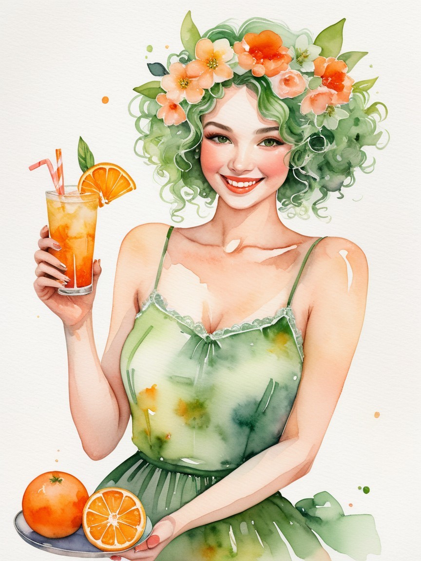 Cheerful Woman with Green Hair and Summer Fruits