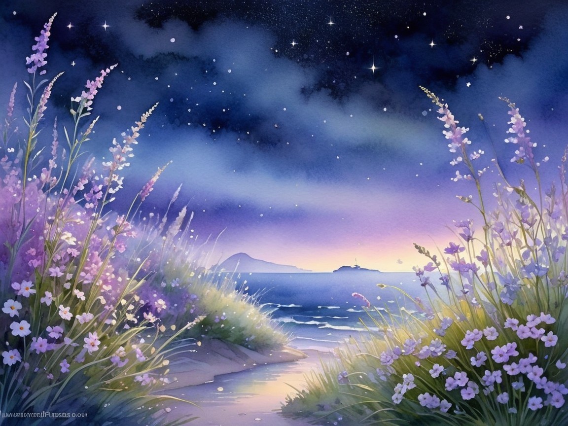 Tranquil Night Scene with Flowers and Coastline
