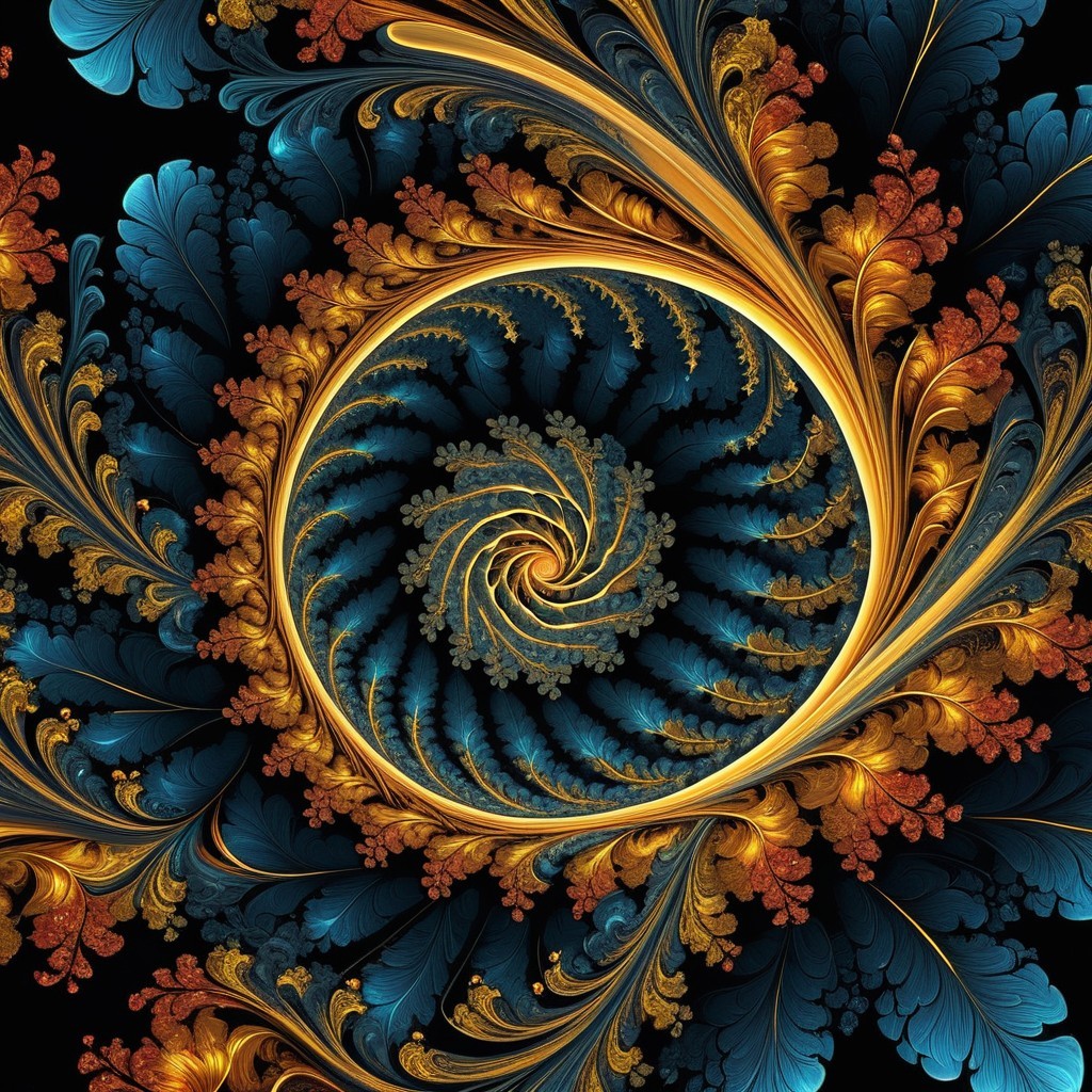 Vibrant Spiral Fractal Pattern in Blue and Gold