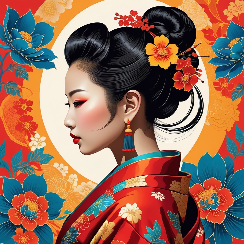 Portrait of a woman in vibrant red kimono attire