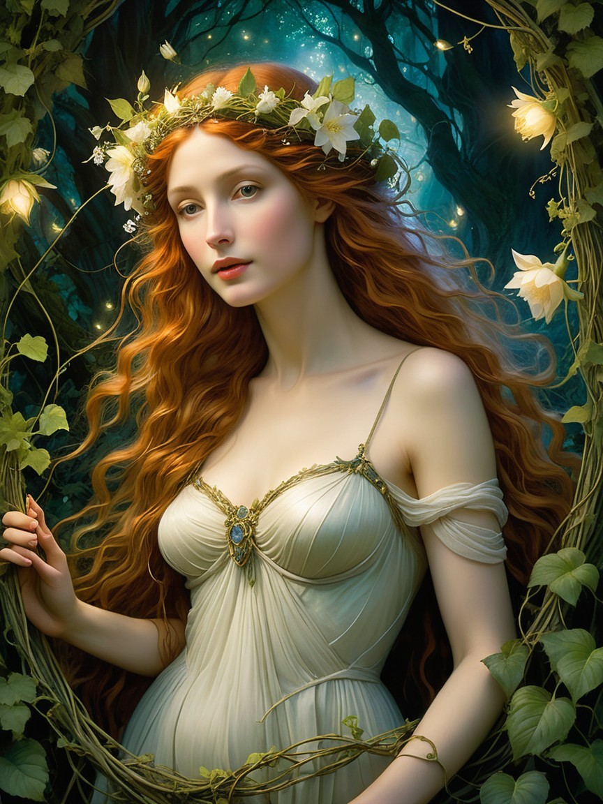 Ethereal Woman in Mystical Forest with Floral Crown