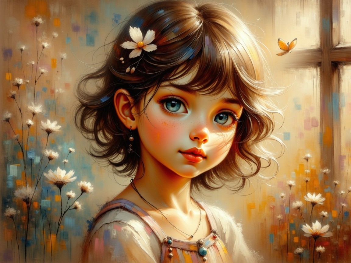 Young girl with flower in hair in serene setting