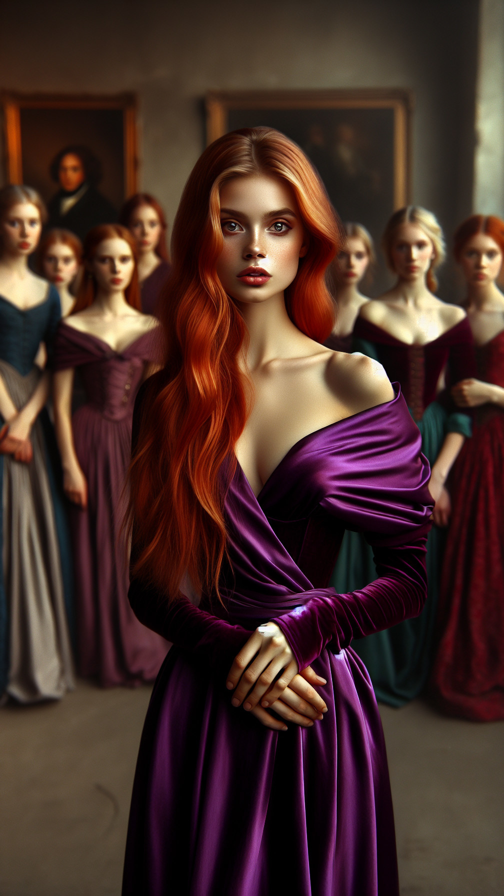Woman in Purple Gown Surrounded by Elegant Figures