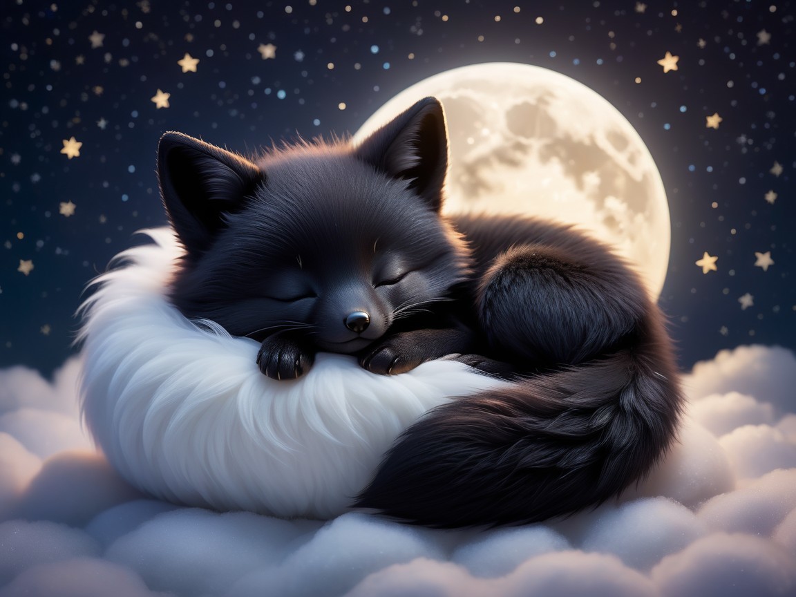 Black fox sleeping on a fluffy cloud under moonlight