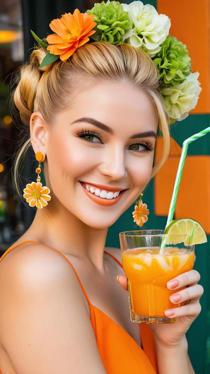 Young woman with floral updo and orange attire