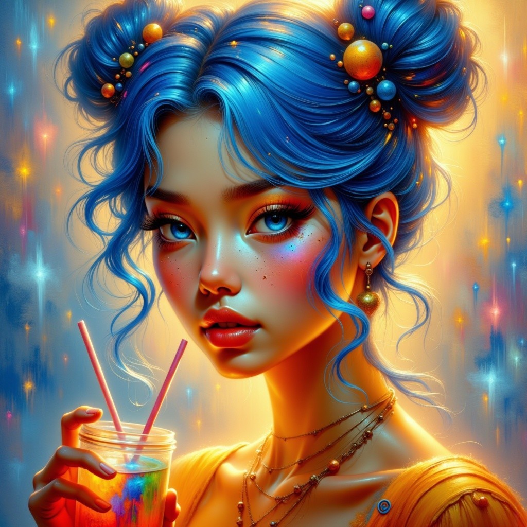 Young woman with blue hair and colorful drink in vibrant setting
