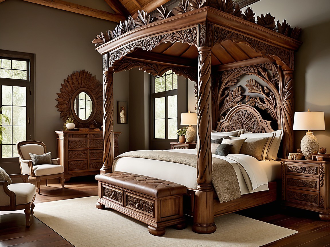 Luxurious Bedroom with Carved Canopy Bed and Natural Light