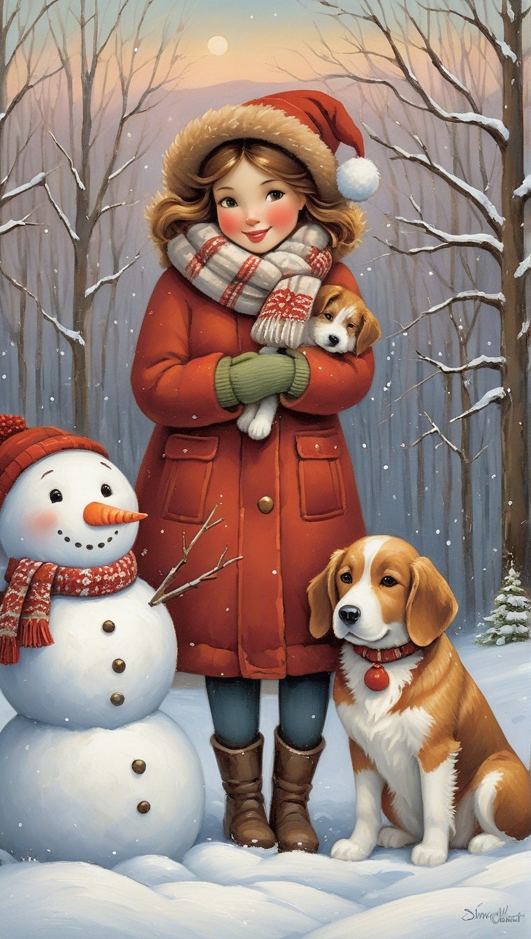 Winter Forest Scene with Girl, Puppy, and Snowman