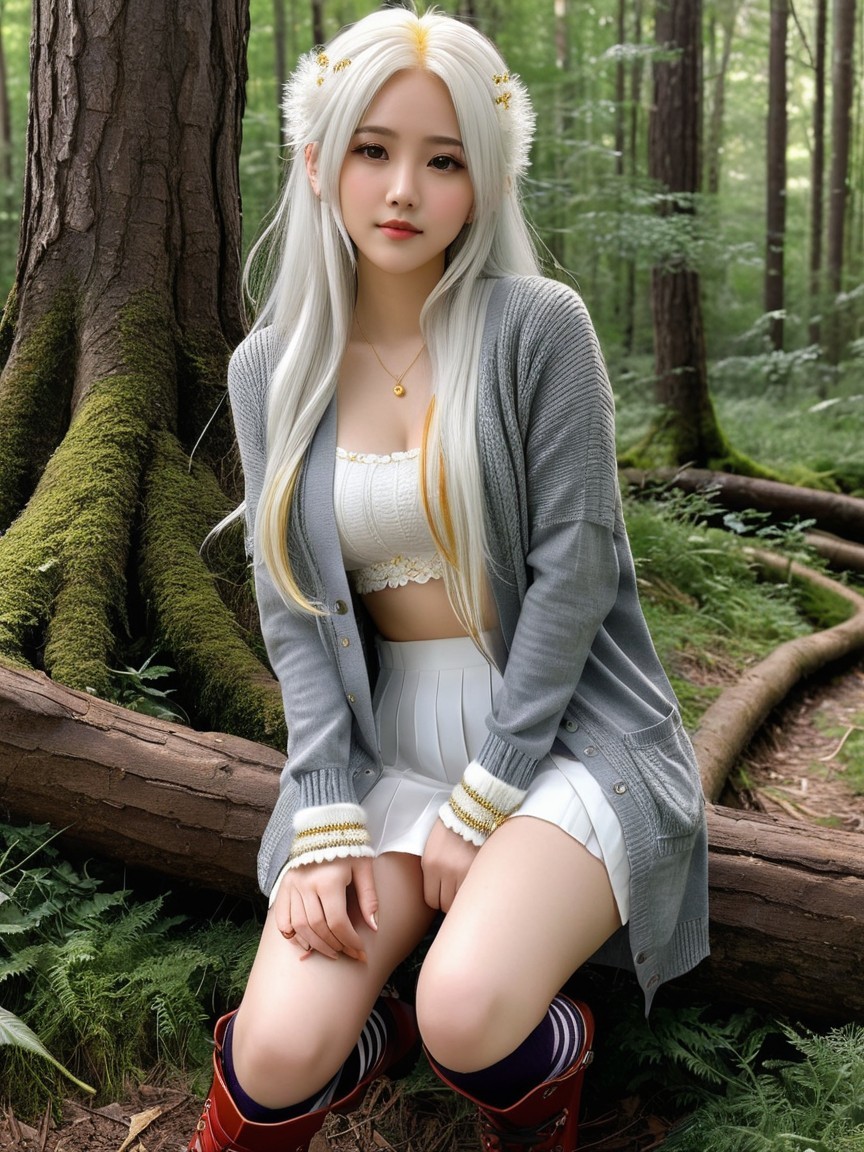 Young woman in forest with white hair and floral accessories
