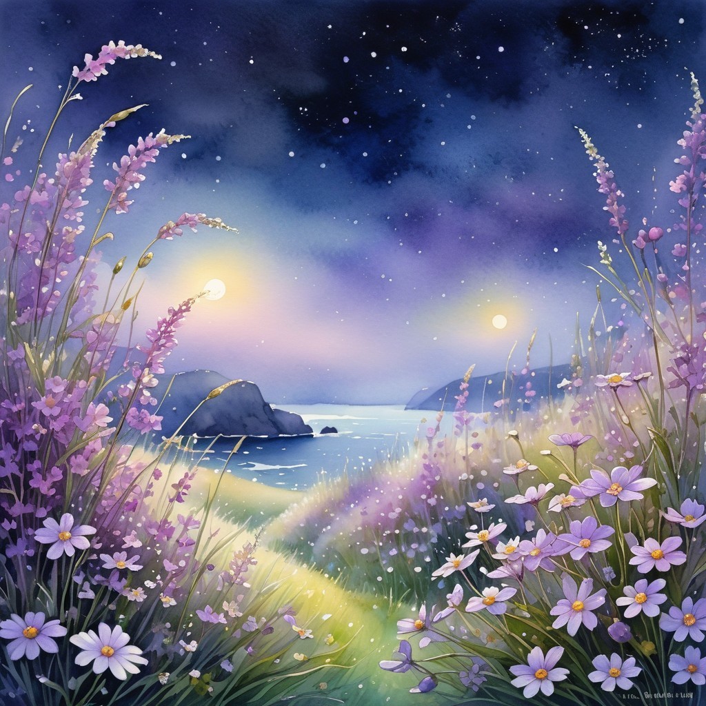 Tranquil Seaside Landscape at Dusk with Moons