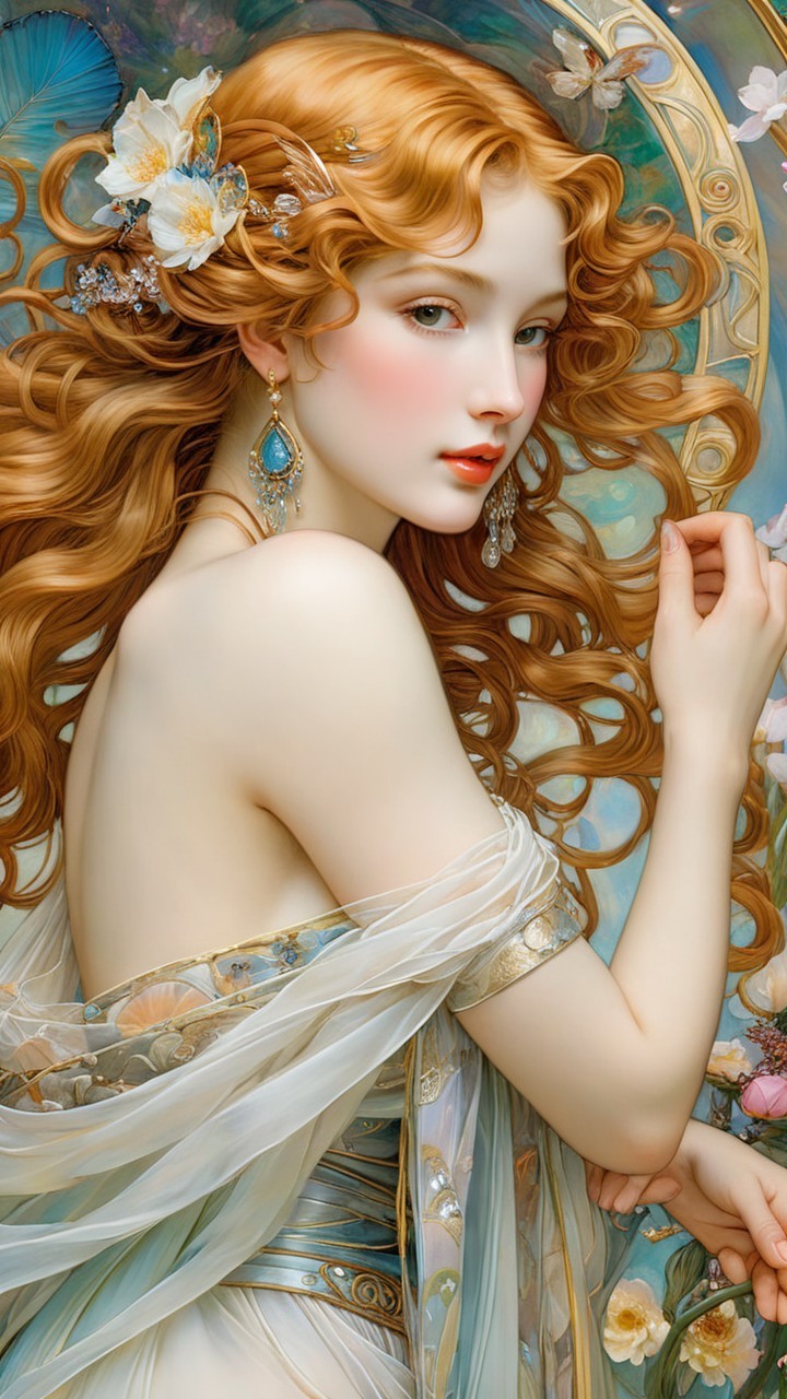 Elegant Woman with Auburn Hair and Floral Accents
