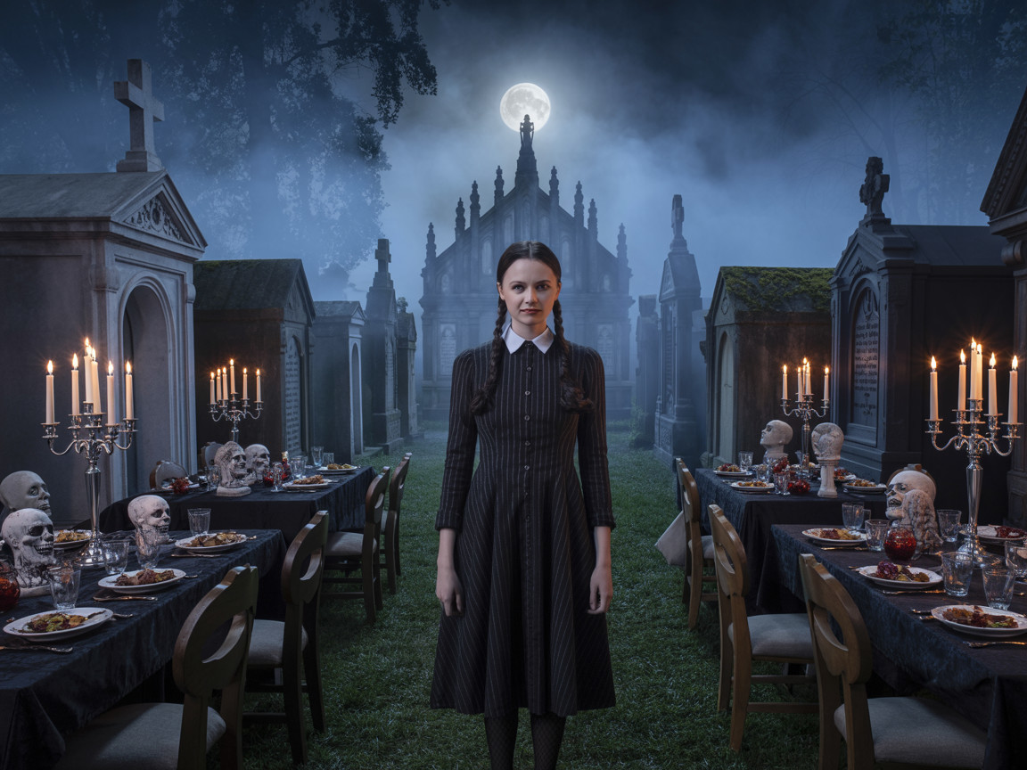 Young Girl in Black Dress at Nighttime Cemetery Feast