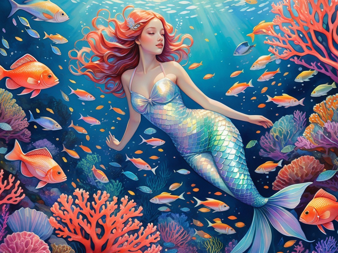 Mermaid Swimming in a Colorful Underwater Scene