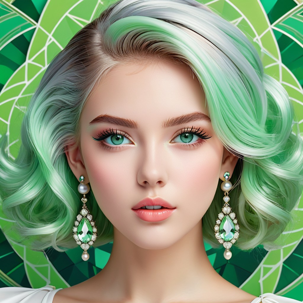 Young woman with pastel green hair and striking makeup