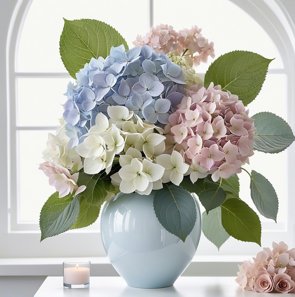Pastel Hydrangea Arrangement in Pale Blue Vase