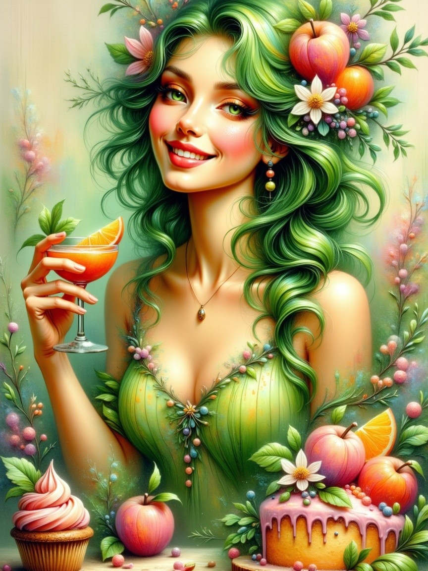 Whimsical Illustration of a Woman with Green Hair