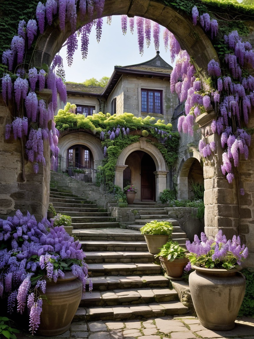 Stone Archway with Wisteria and Lush Greenery