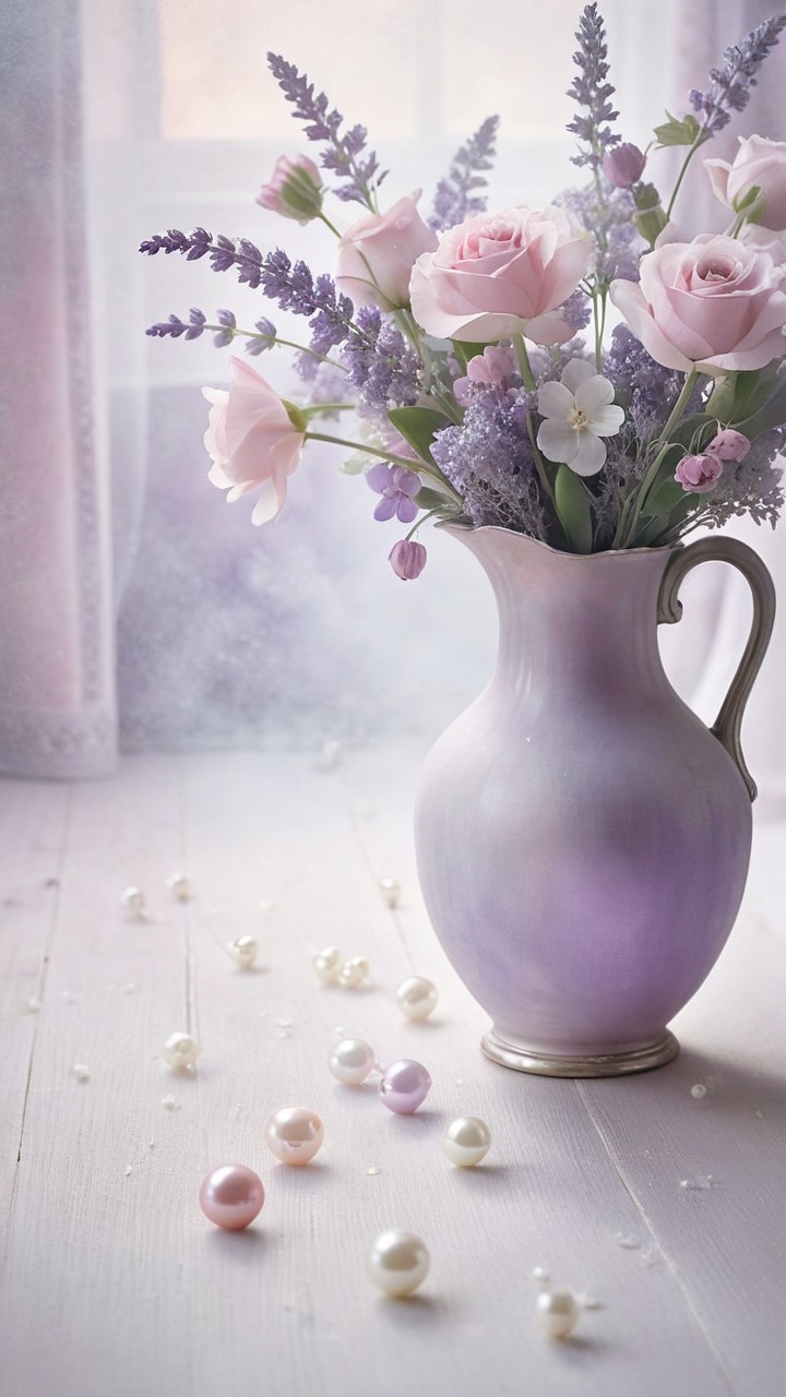 Lavender Vase with Pastel Roses and Pearls Arrangement