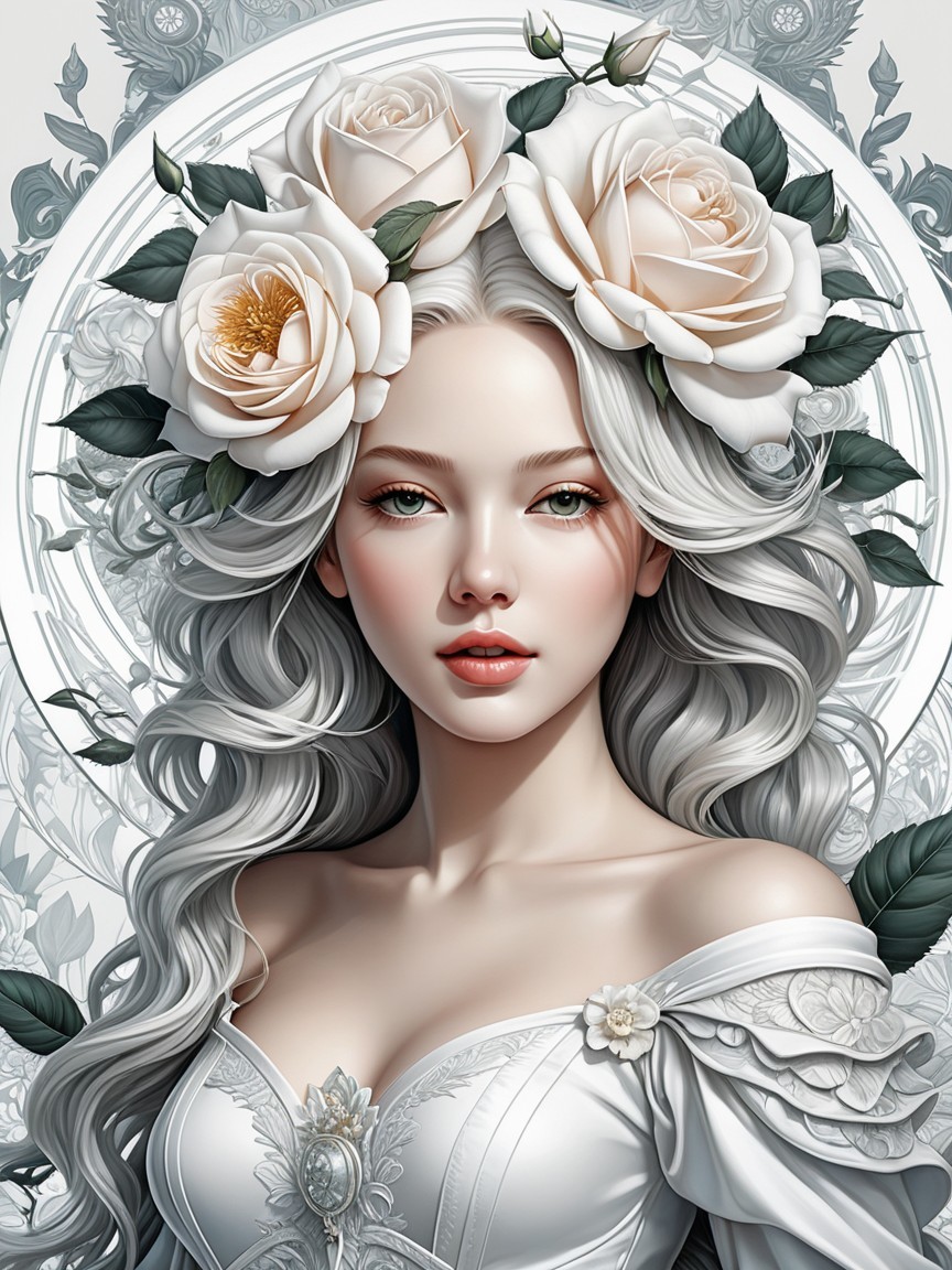 Close-up of a serene goddess with silver hair and roses