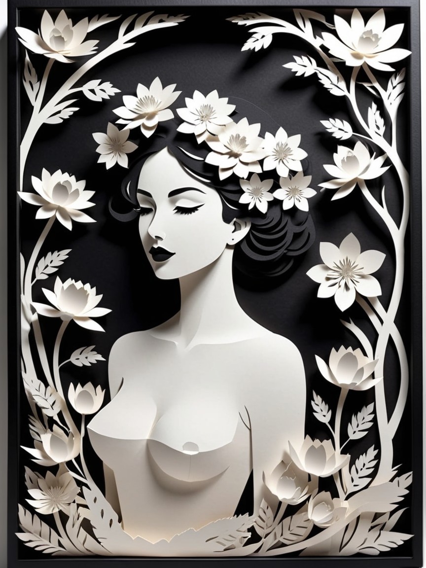 Serene Female Figure Surrounded by Paper Cutouts