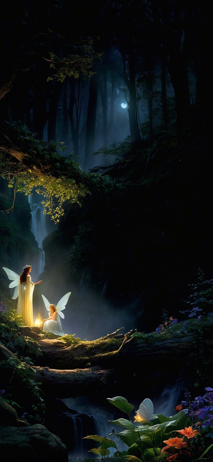 Ethereal Fairies by Moonlit Waterfall in Forest
