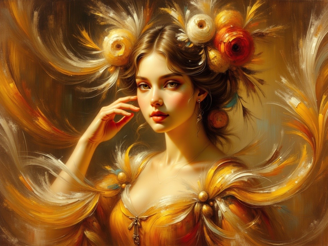 Portrait of a woman with floral adornments and jewelry