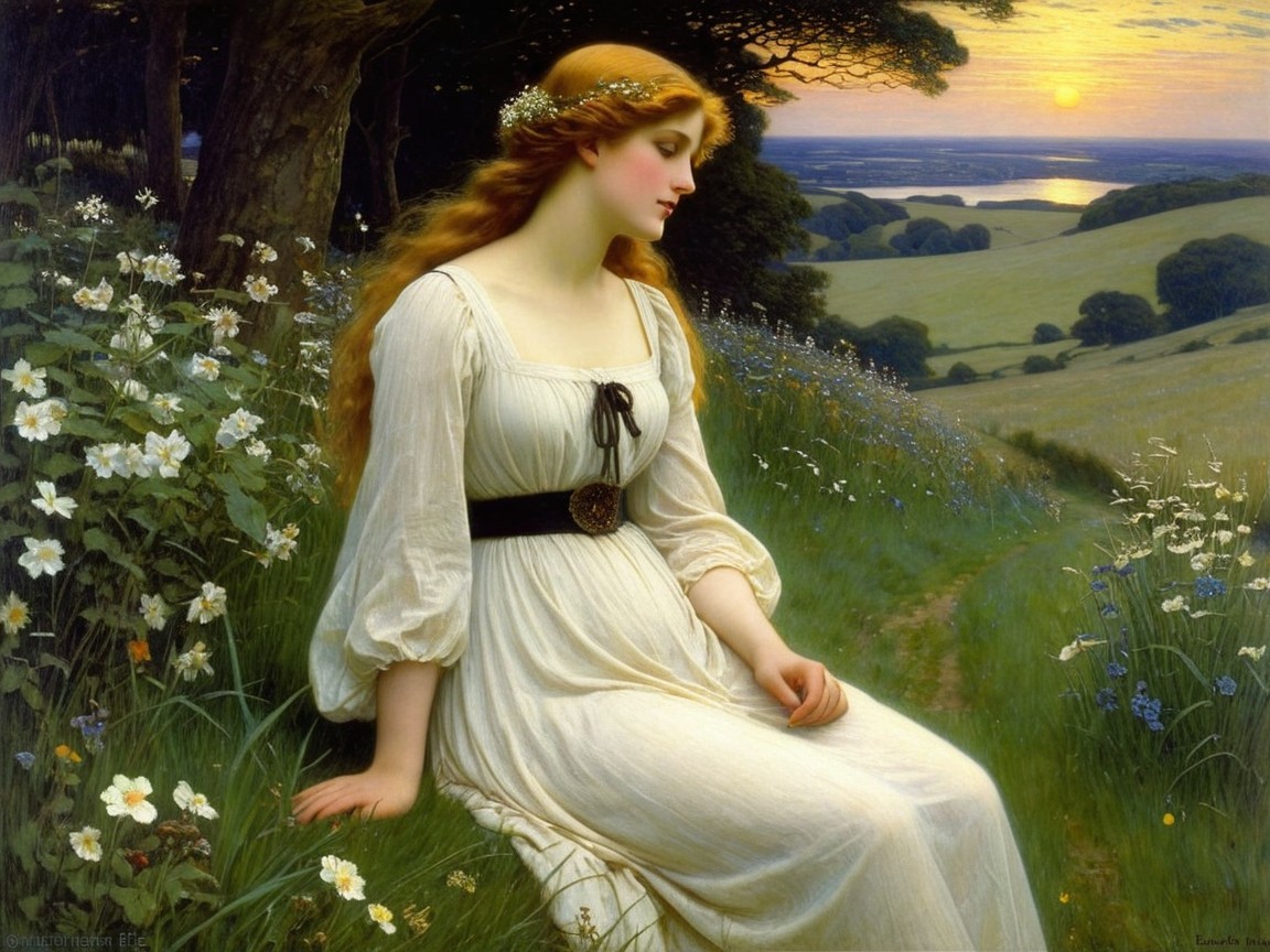 Serene Maiden in Lush Landscape with Floral Crown