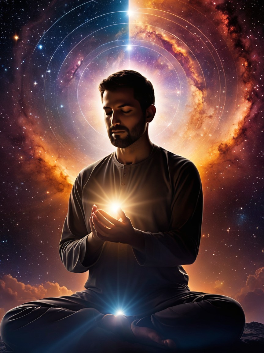 Meditative Figure in Cosmic Galaxy Background