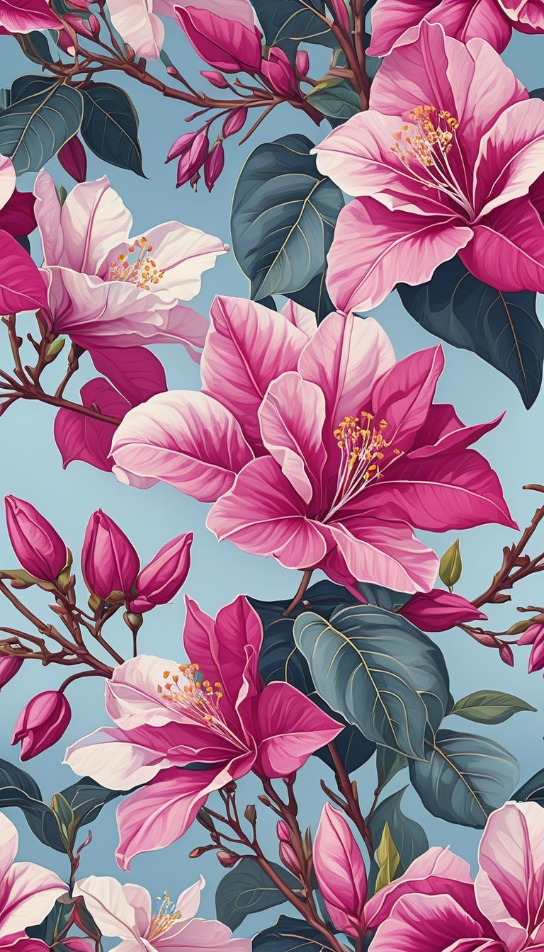 Vibrant Floral Pattern with Hibiscus and Green Leaves