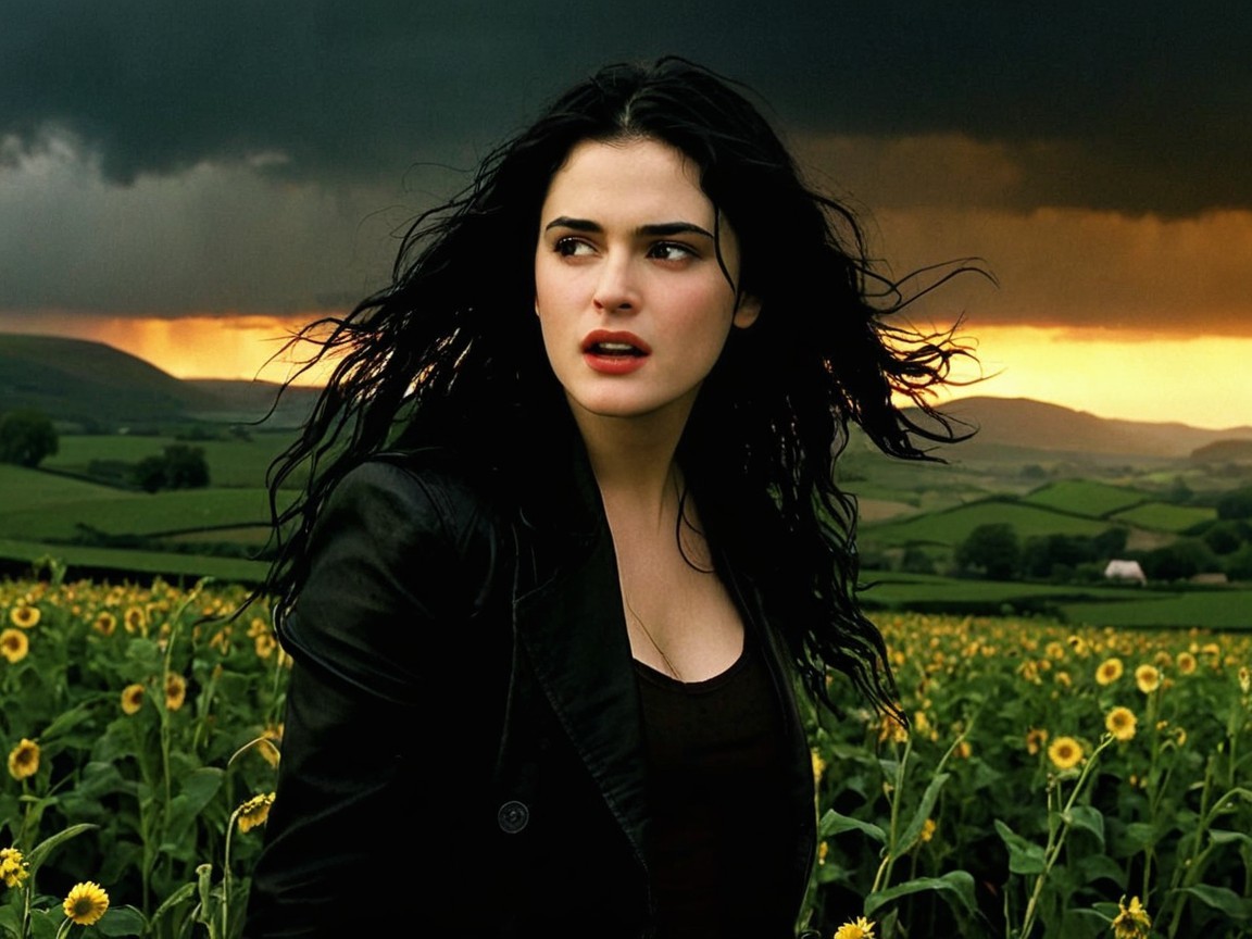 Woman in Sunflower Field with Dramatic Sky