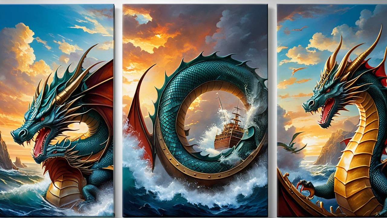 Majestic dragons amidst a vibrant sunset and sea