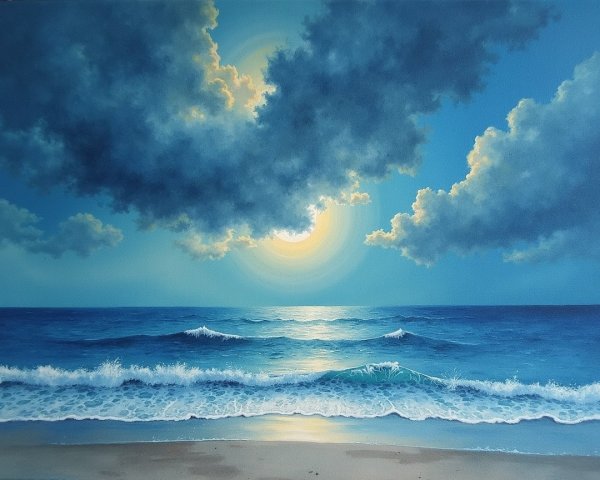 Serene Ocean Scene with Sunlit Sky and Gentle Waves