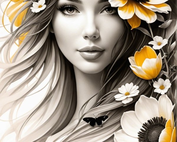 Monochrome Portrait of a Young Woman with Floral Crown