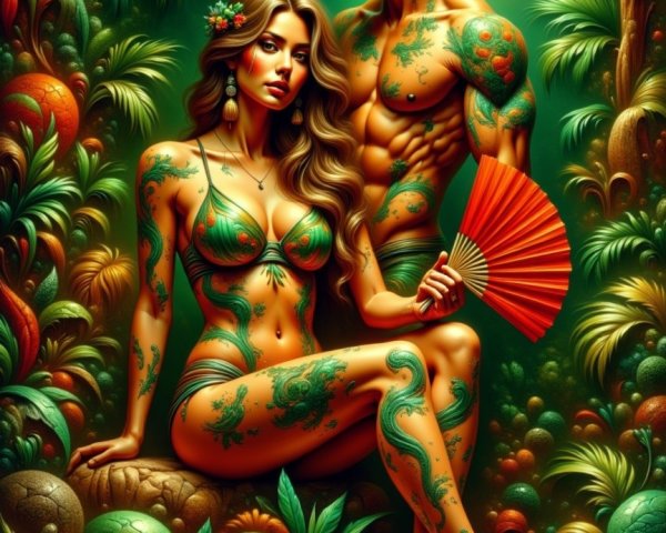 Couple in Tropical Setting with Intricate Tattoos
