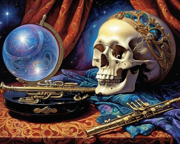 Photorealistic Still Life with Celestial Globe and Skull