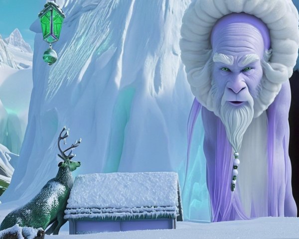 Majestic Ice Landscape with Ancient Figure and Reindeer