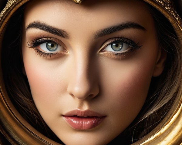 Close-up Portrait of a Young Woman in Golden Mirror