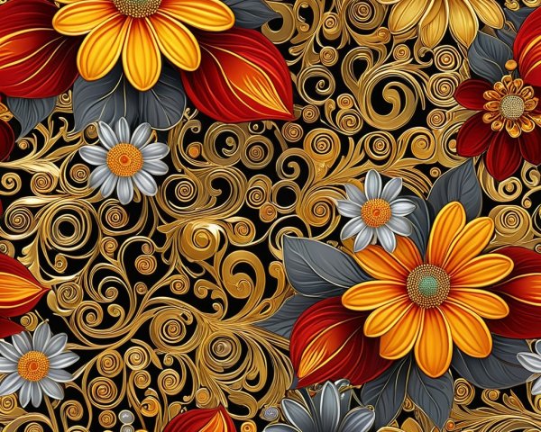 Vibrant Floral Pattern with Warm Colors on Black Background