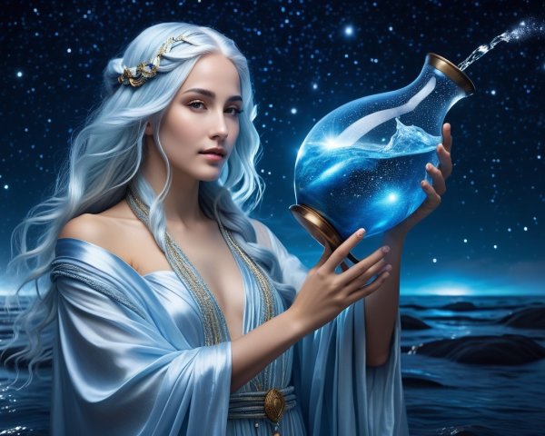 Serene figure by ocean under starry night sky