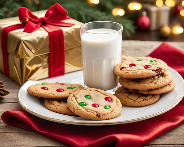 Holiday Cookies, Milk, and Gift on Wooden Table