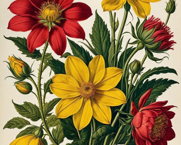 Botanical Illustration of Red and Yellow Flowers