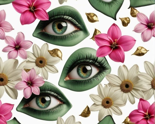 Stylized Green Eyes Surrounded by Colorful Flowers