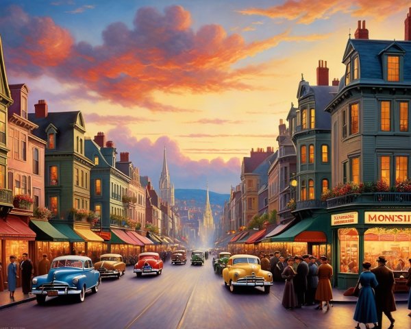 Charming Town Street Scene at Sunset with Vintage Cars