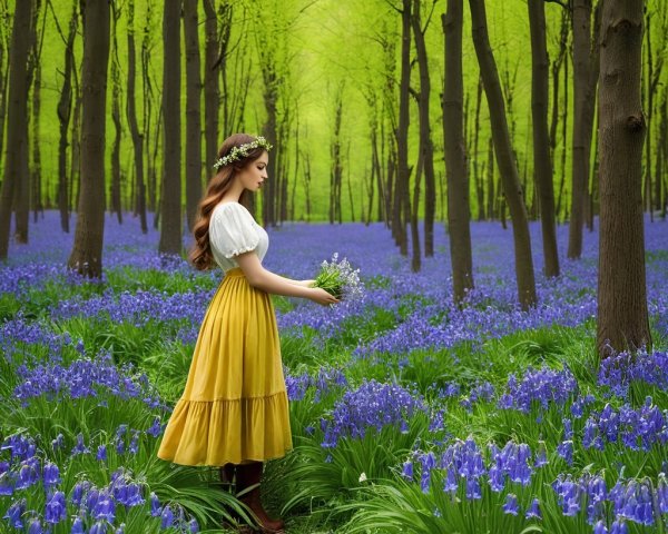 Young Woman in Yellow Dress Amidst Blooming Bluebells