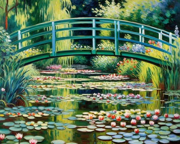 Vibrant Landscape with Green Bridge and Water Lilies