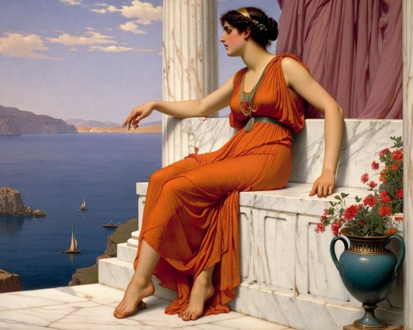 Woman in Orange Gown Contemplating by the Sea