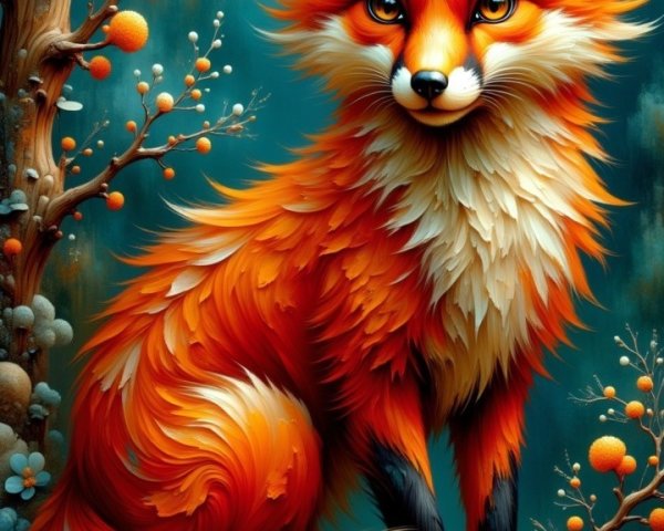 Vivid Fox Surrounded by Stylized Flowers and Branches