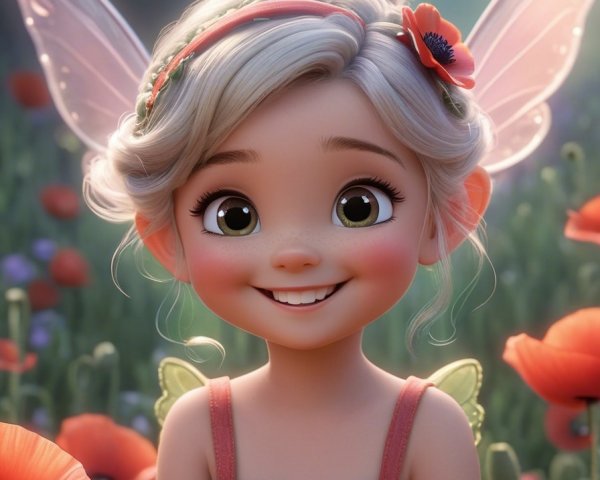 Fairy Girl with Sparkling Wings in a Poppy Garden