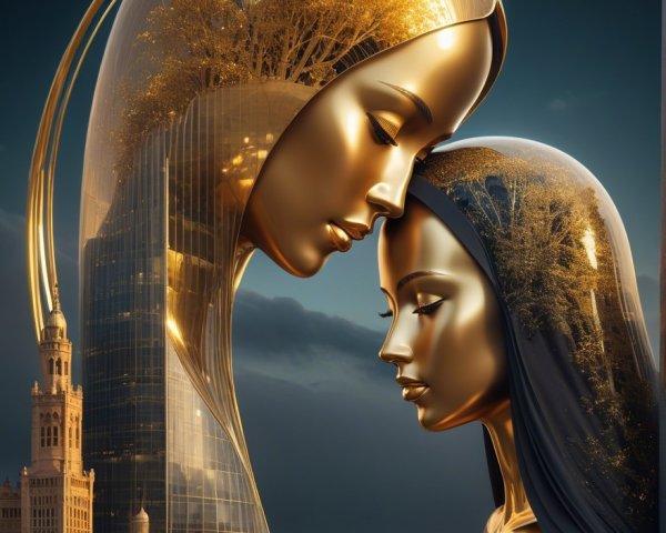 Golden Figures Symbolizing Harmony with Futuristic Tower