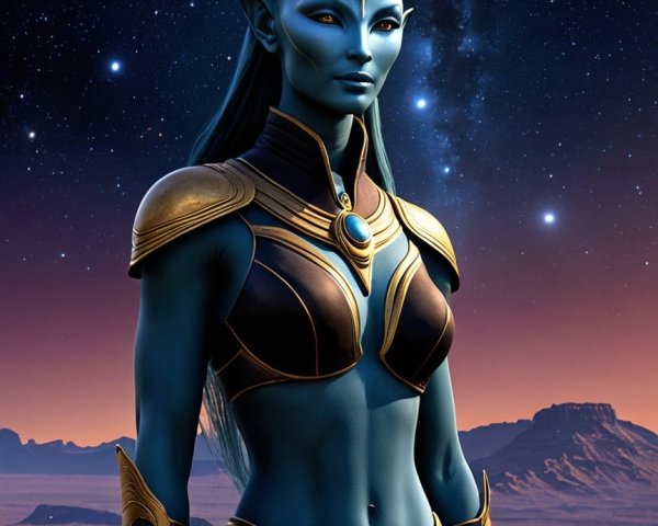 Alien Figure with Cosmic Backdrop and Elegant Attire